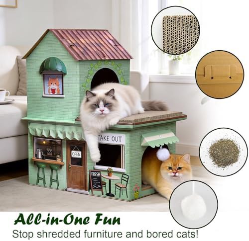 Sage green cardboard coffee shop cat house — photo 5