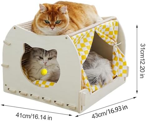 Double layer wooden cat cave with curtains — photo 4