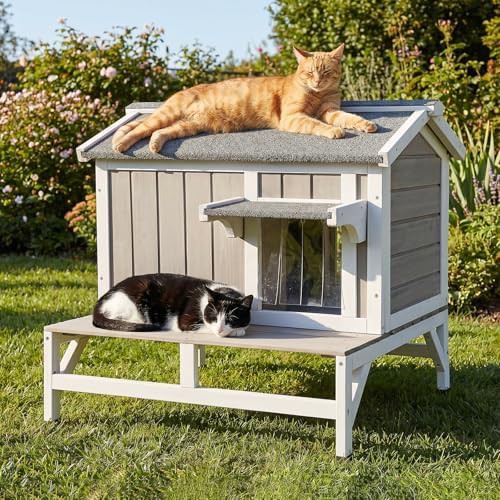 Two story weatherproof wooden cat condo