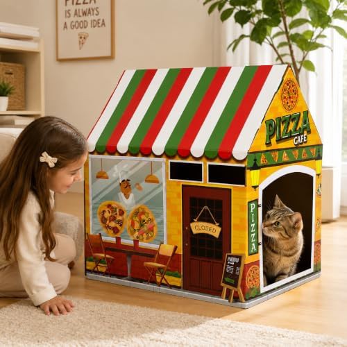 Pizza themed cardboard cat playhouse — photo 5